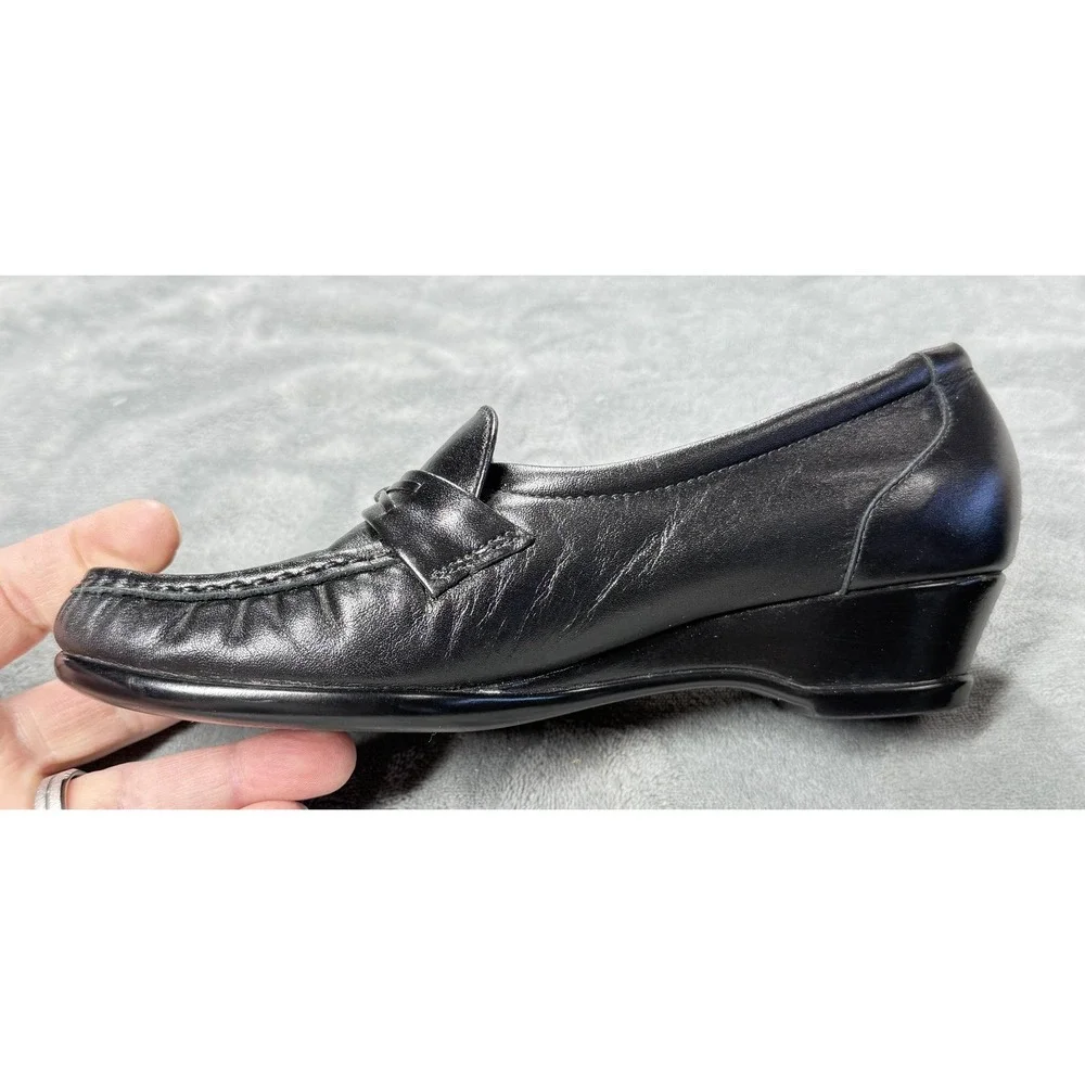 SAS Shoes Womens Size 5.5‎ Black Leather Tripad Comfort Wedge Loafers Slip On